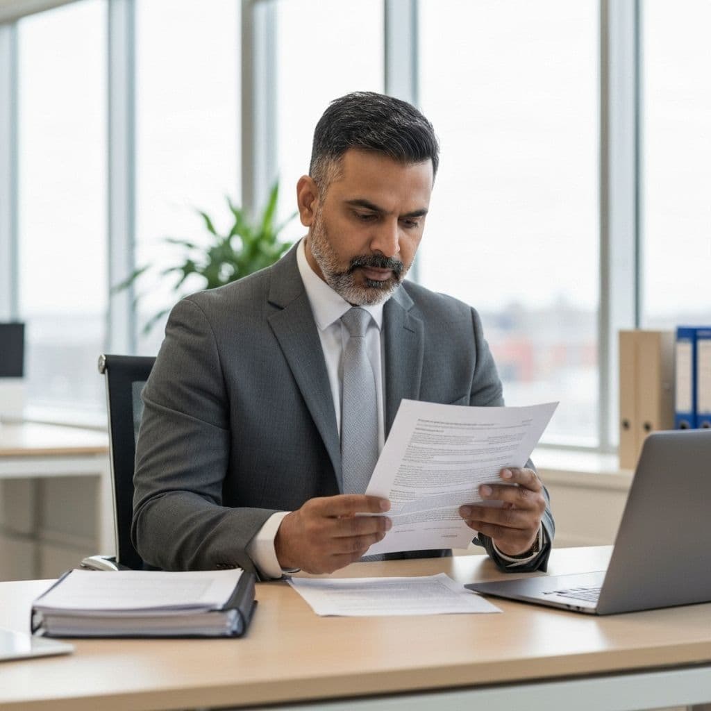 Professional reviewing work permit documents in modern Canadian office